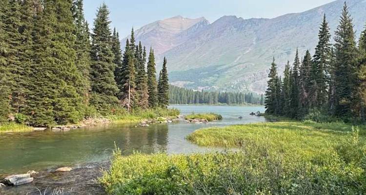 Lac de montagne d'une clarté cristalline bordé de grands sapins avec des pics rocheux en arrière-plan