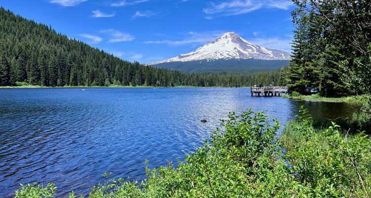 Snow-capped Mount Hood towers above a clear blue lake surrounded by dense evergreen forest.