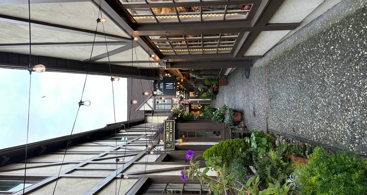 Quaint pedestrian lane with string lights, timber buildings, flowers and small boutique signs.
