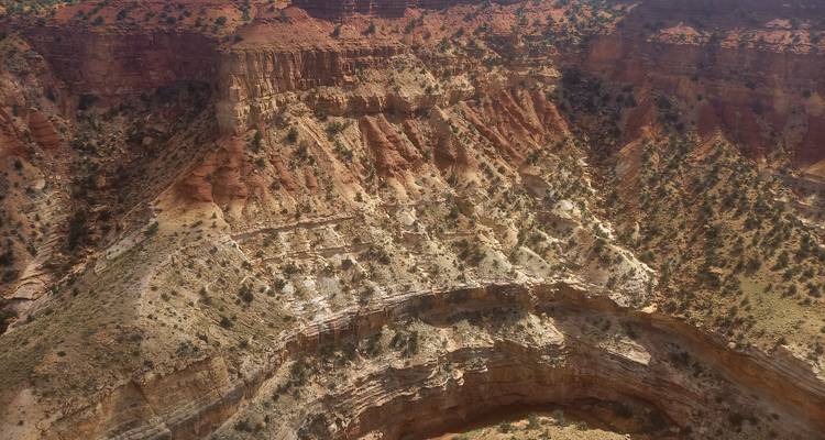 Steep circular canyon walls with striped rock layers and sparse vegetation in desert sunlight.