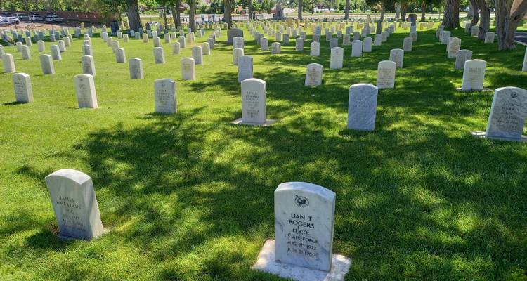 Grassy military cemetery lined with rows of white headstones beneath leafy shade trees.