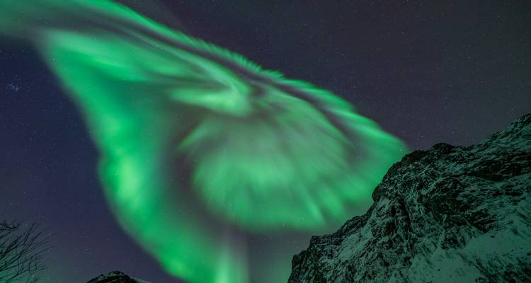 Dramatische aurora-uitbarsting die op een veer lijkt boven donkere, sneeuwbedekte rotsen.
