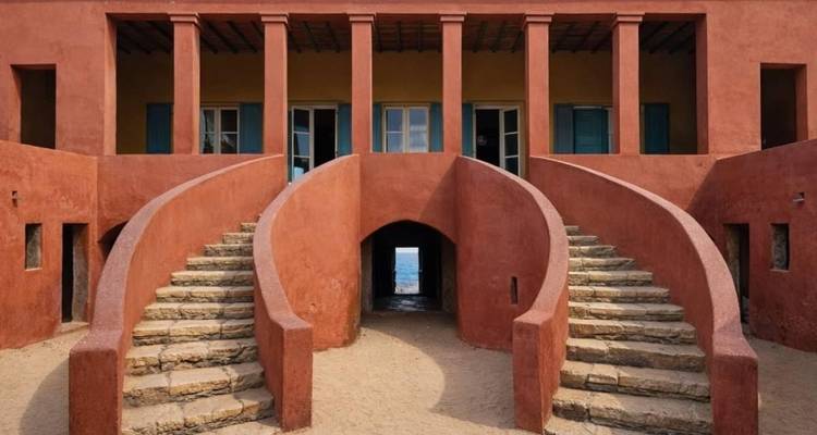Historic House of Slaves on Gorée Island with twin curving staircases and ochre walls.