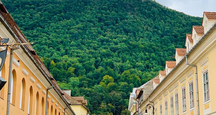 Rue de la vieille ville encadrée par des bâtiments colorés menant à une montagne densément boisée