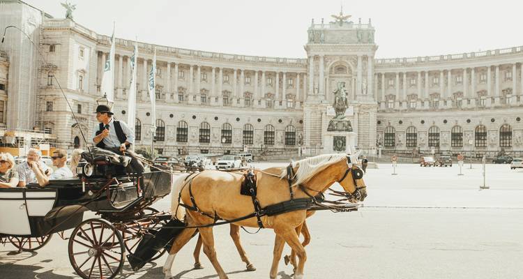 Horse-drawn carriage passes in front of Vienna's grand Hofburg Palace on a bright day.