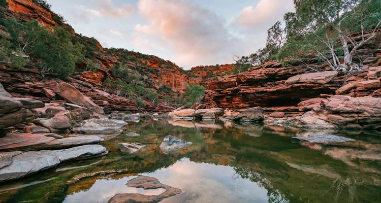 Tranquilo abrevadero rodeado de paredes de roca roja y árboles de goma en el Parque Nacional de Kalbarri.