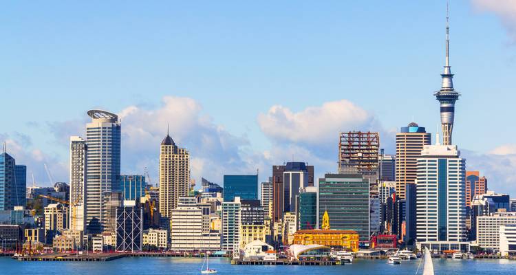 Modern skyline of Auckland with the Sky Tower rising above the waterfront