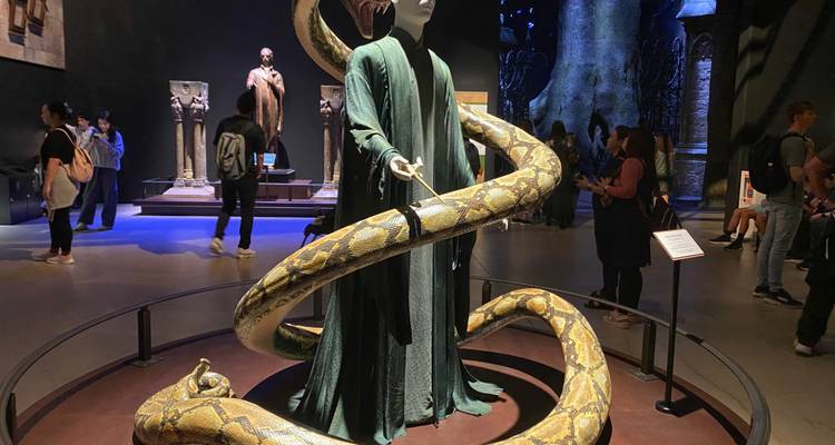 Exhibit of Voldemort's robes with enormous snake model surrounded by visitors