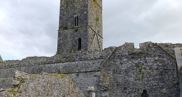 Abbaye en ruines de pierre grise avec une haute tour se dressant contre un ciel nuageux.
