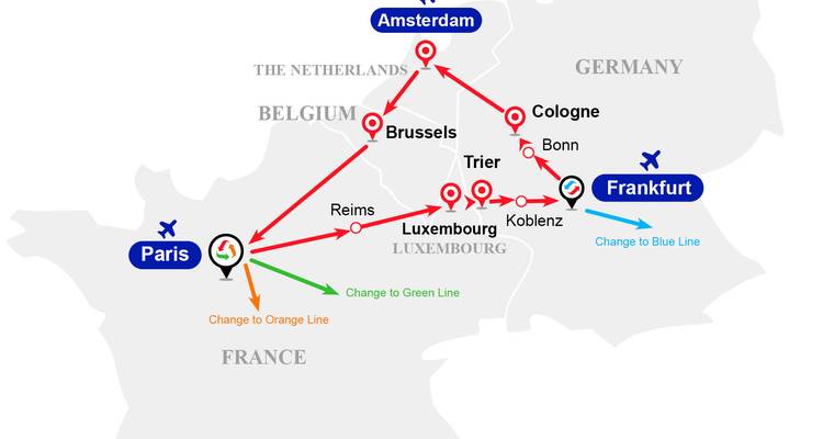 Grafische Reiseverlaufskarte mit Reiseroute zwischen großen europäischen Städten wie Paris, Brüssel, Amsterdam und Frankfurt.