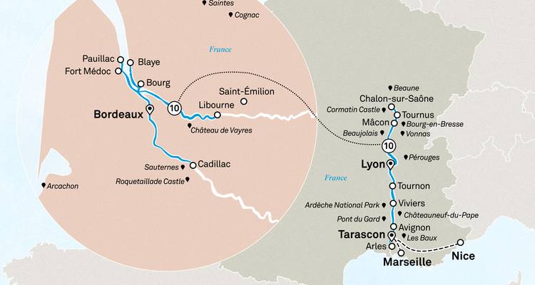 Carte d'itinéraire d'une croisière fluviale à travers les régions du sud de la France et de Bordeaux, montrant les villes et les routes.
