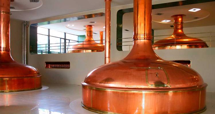 Shiny copper brew kettles and tiled floors inside the historic Pilsner Urquell brewery.
