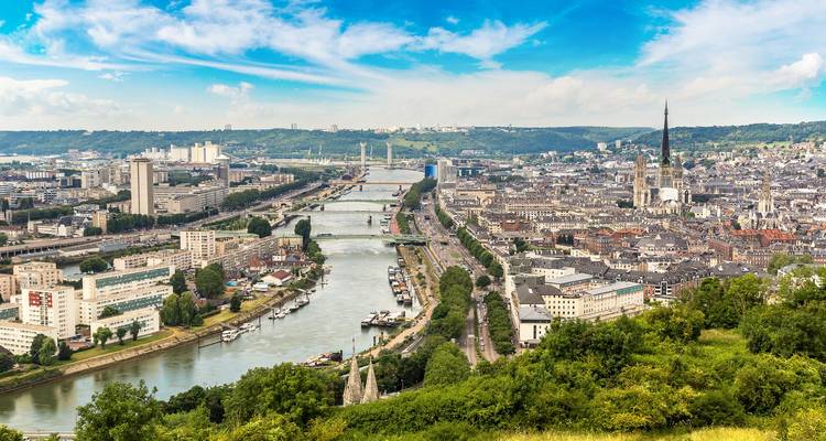 Panoramic daylight view over Rouen and the winding Seine River with multiple bridges.
