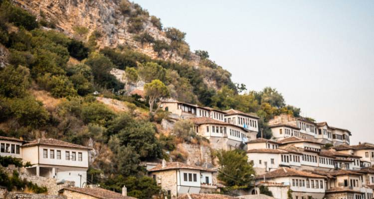 Rows of traditional white Ottoman houses cling to a sun-drenched hillside dotted with trees in Berat.