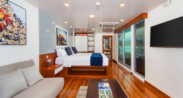 Elegant yacht suite with king bed, sofa and floor-to-ceiling windows overlooking the sea.