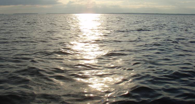 Bright afternoon sun reflects across rippling open water creating a silver path