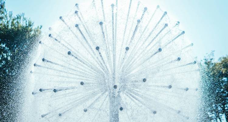 Close-up of a dandelion-shaped fountain spraying water outward in bright sunlight.