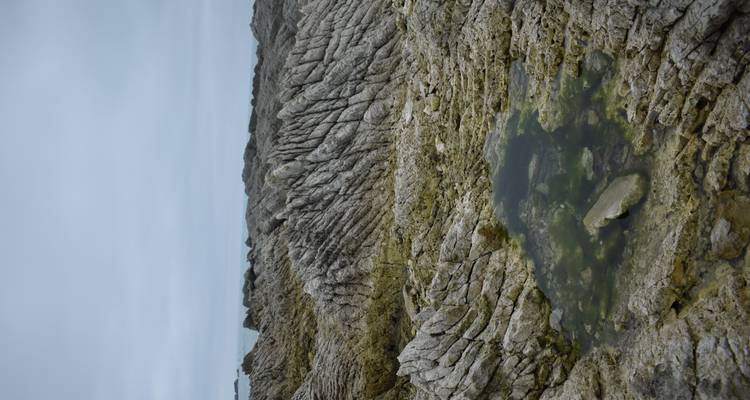 Formations rocheuses grises et cannelées et un petit bassin de marée sous un ciel couvert.