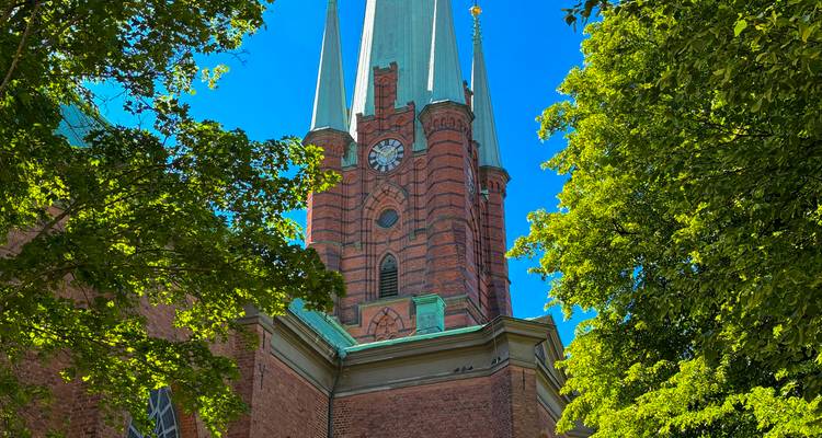 Tour d'église en brique rouge avec horloge encadrée par des arbres verts luxuriants et un ciel dégagé.