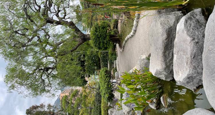 Serene Japanese-style garden with a curving gravel path, stepping-stone bridge across a koi pond and lush trees against an urban backdrop.