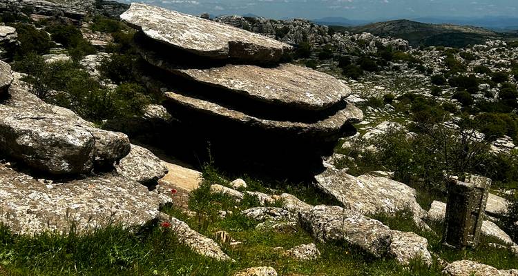 Layered, table-shaped limestone rocks dominate a rugged karst field under bright sunlight.