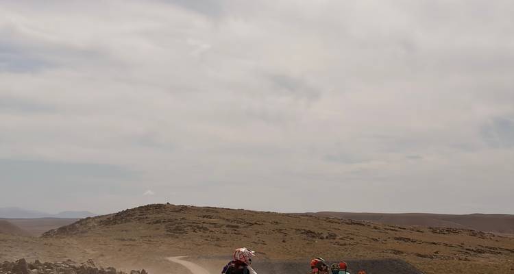 Dos conductores en motos cuatrimotos levantando polvo en un árido camino del desierto