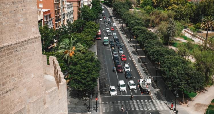 Circulation routière le long d'une avenue bordée d'arbres vue de dessus avec passage piétonnier et mur en pierre.
