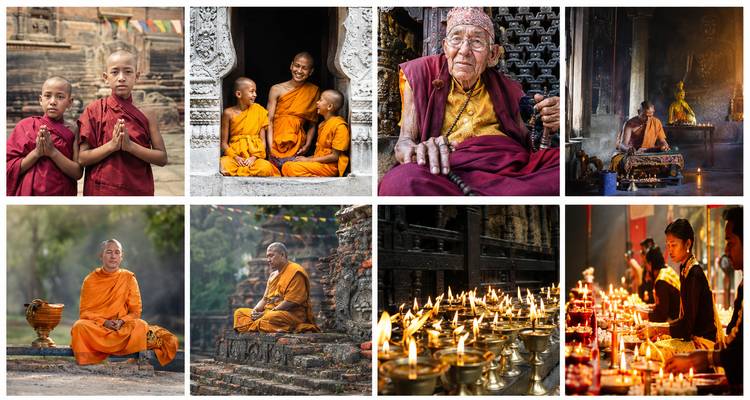 Collage of Buddhist monks meditating, praying and lighting candles in temples and ruins