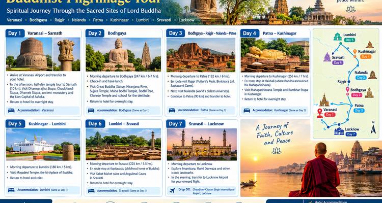 Colorful infographic showing a day-by-day Buddhist pilgrimage tour itinerary with multiple thumbnail photos and text boxes.