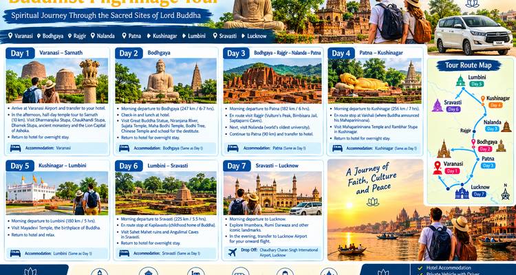 Second panel of a tour brochure displaying itinerary details, photos and lots of overlay text for a Buddhist pilgrimage route.