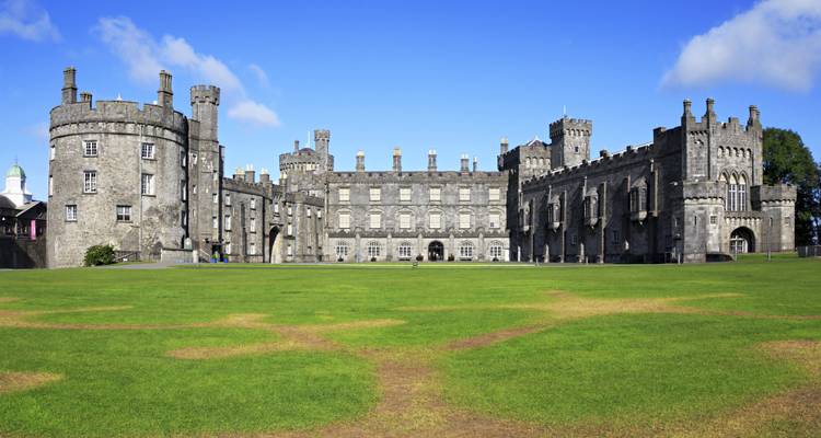 Ruim gazon dat zich uitstrekt naar Kilkenny Castle onder blauwe lucht.