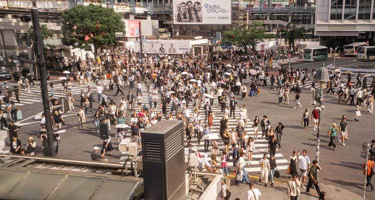 Vue panoramique surélevée du carrefour piétonnier animé de Shibuya bondé de personnes.