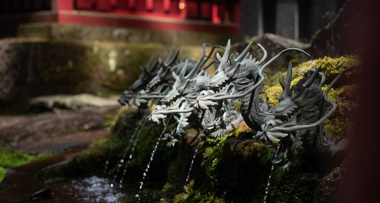 Rangée de statues de dragons ornementés crachant de l'eau dans un bassin en pierre dans un sanctuaire japonais.