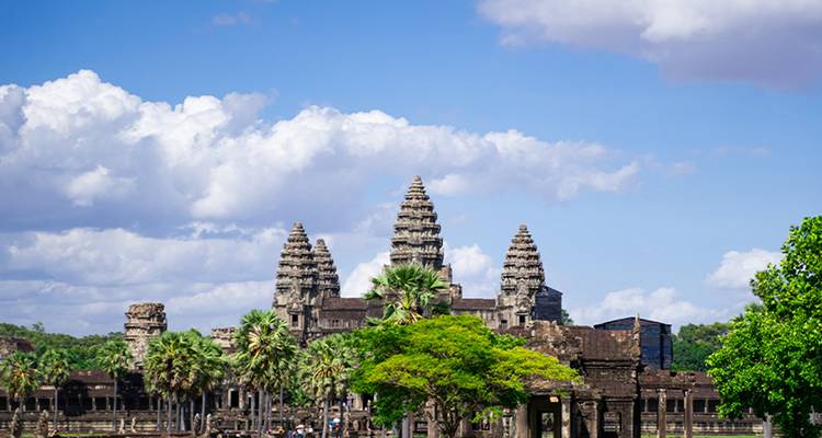 Iconic temple towers of Angkor Wat framed by palm trees under a bright blue sky.
