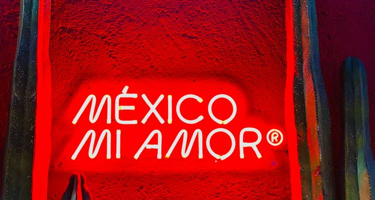 Enseigne au néon rouge vif portant l'inscription « México Mi Amor » montée sur un mur texturé.