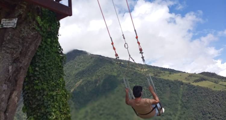 Person on a high mountain swing suspended from a tree overlooking green valley.