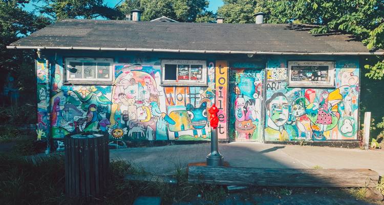 Pequeño edificio cubierto de arte de graffiti colorido con la palabra 'toilet' en el marco de la puerta