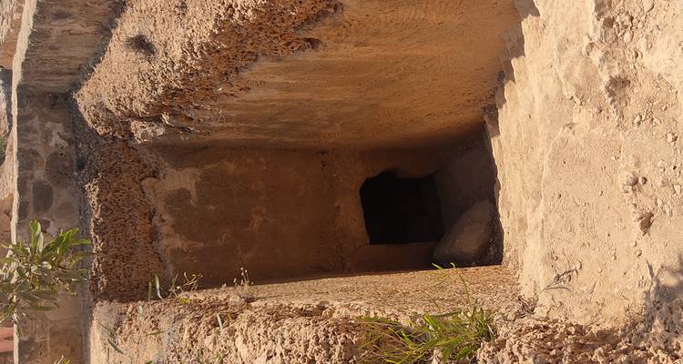 Narrow sun-baked staircase descending into a dark rectangular burial shaft cut in stone.
