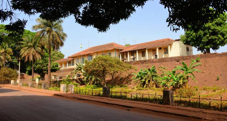 Low colonial administrative buildings behind a brick wall and palms along a quiet street.