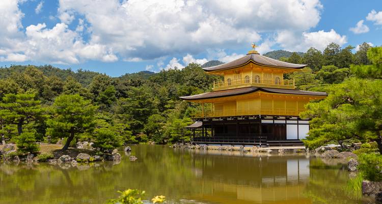 Pabellón Dorado (Kinkaku-ji) reflejado en un estanque tranquilo rodeado de jardines frondosos.