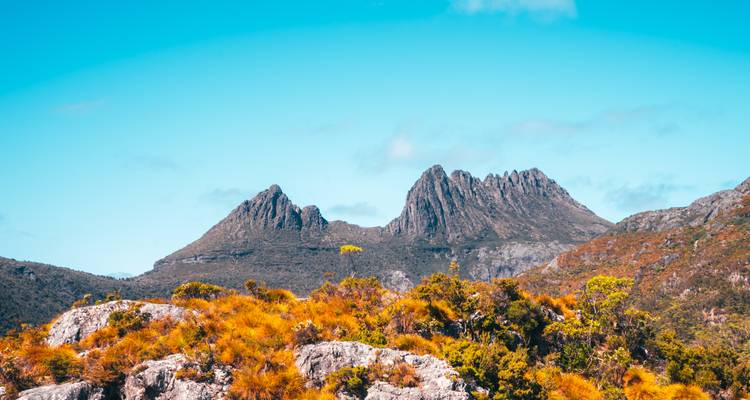 Vibrant alpine vegetation contrasts with blue sky and craggy twin mountain summits