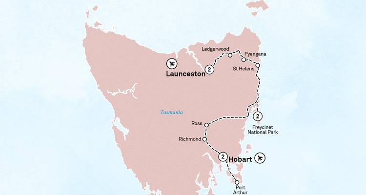 Tour itinerary map of eastern Tasmania linking Hobart, Freycinet National Park and Launceston.