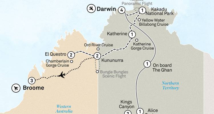 Carte d'itinéraire du Territoire du Nord et de l'Australie-Occidentale montrant les trajets aériens, ferroviaires et routiers.