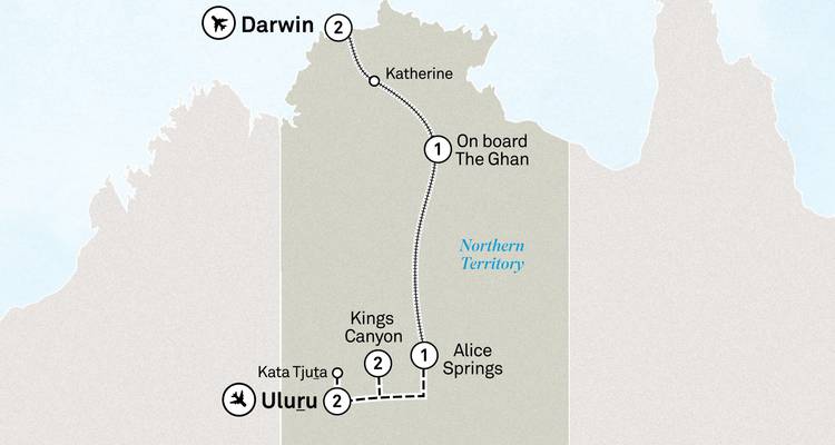 Routekaart met het traject van Darwin naar het zuiden via Katherine en Alice Springs naar Uluru en Kings Canyon in Australië's Northern Territory.