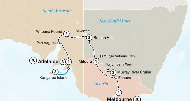 Tour map of South Australia and Victoria highlighting Adelaide, Broken Hill, Kangaroo Island and Melbourne routes.