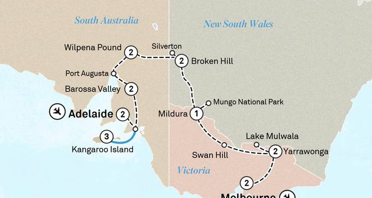 A schematic route map showing a multi-day tour through South Australia, Victoria and New South Wales.