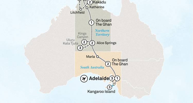 Carte générale de l'Australie montrant les trajets ferroviaires et aériens entre Adélaïde, Alice Springs et Darwin avec des excursions latérales.