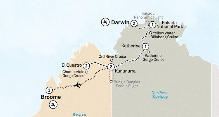 Route map van Western Australia en Northern Territory die Broome, Kununurra, Darwin en Kakadu National Park met elkaar verbindt.