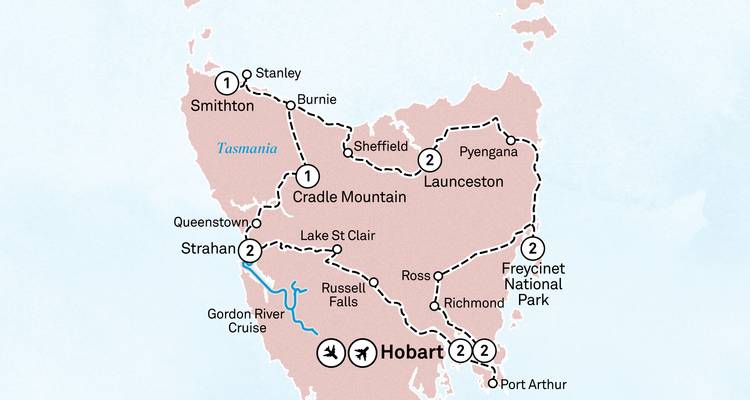Carte de voyage de la Tasmanie présentant une boucle de Hobart à Strahan, Cradle Mountain, Launceston et Freycinet.