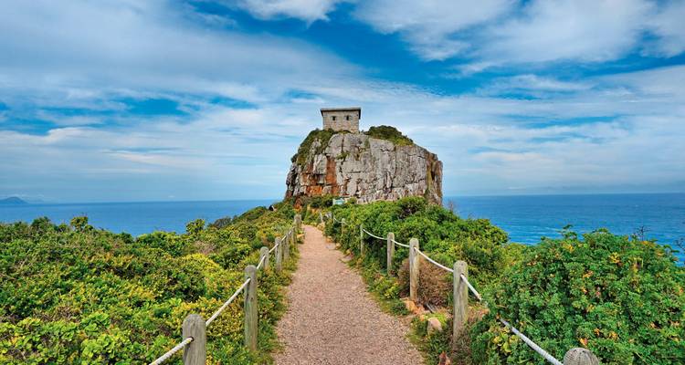 Gravel pathway with wooden railings leading to a small lookout hut perched on a coastal cliff surrounded by lush greenery.